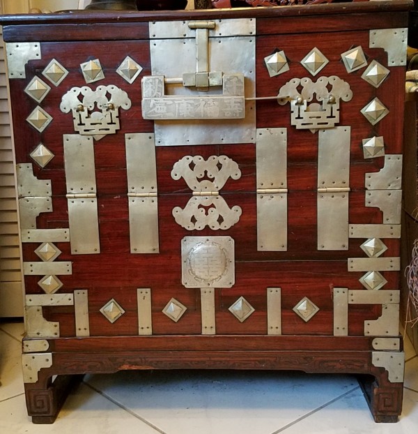 Korean Asian Linen Chest w Beautiful Metal Decoration by Tristina Dietz Elmes