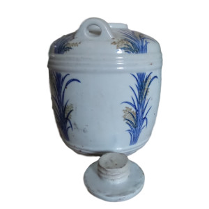 Blue and White Japanese Porcelain Barrel Shaped Antique Sake Jar #1 with Temple and 2 Cranes on Front by Tristina Dietz Elmes 