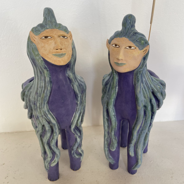 Zuri and Nova, two dreamy blue haired Incense holders, priced separately by Nell Eakin