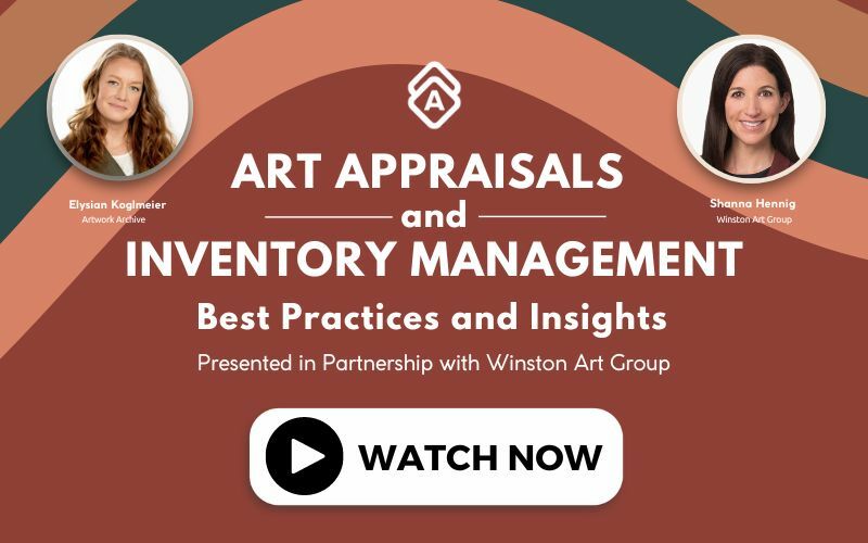 Two headshots of women on either side of the title: "Art Appraisals and Inventory Management" with Watch Now highlighted below..