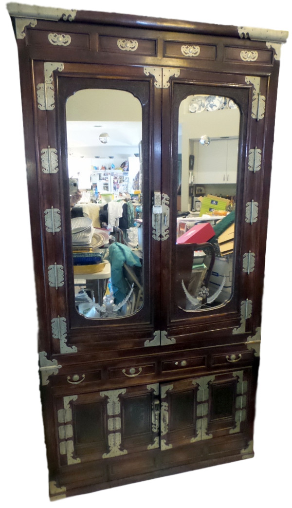 Korean Glass Front Amoire Chest in Beautiful Dark Wood with Carved Wood Motif and Bats and Cherry Blossom Metal Embellishments by Tristina Dietz Elmes