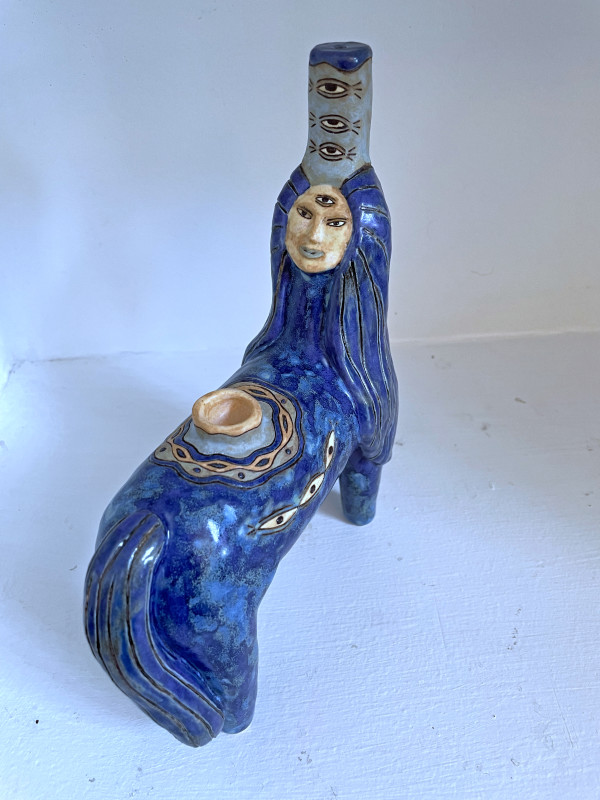 Miranda's Mirage, an eyes mandala pipe in shades of blue by Nell Eakin