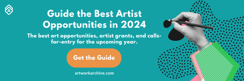 The image features a promotional advertisement from Artwork Archive, highlighting a resource for artists. The text reads "Guide the Best Artist Opportunities in 2024," which suggests that the guide offers a curated list of significant opportunities for artists, such as grants, and calls-for-entry in the coming year. The phrase "Get the Guide" serves as a call-to-action, implying that the guide is available for interested individuals.  A hand holding a paintbrush over a canvas or notepad is also visible, symbolizing the act of creating art. The background pattern of dots adds a dynamic and artistic touch to the design.