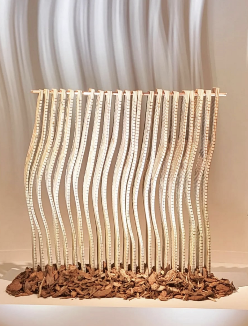 The image displays a wood-based sculpture titled "Forest For the Trees" by artist Autumn T. Thomas. The sculpture consists of numerous tall, slender wooden elements arranged vertically and resembling tree trunks or a stylized forest. Each wooden element is marked with regular horizontal cuts. They appear to be hanging from a horizontal piece of wood at the top, but secured in their base at the same time. At the base, there are scattered wooden pieces or debris, evoking fallen leaves or the natural forest floor. The sculpture's measurements are noted as 52 x 48 x 9 inches