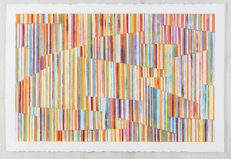 The image features a colorful abstract painting with a dynamic composition of diagonal and horizontal lines that create a sense of fragmentation across the canvas. The lines are filled with a rich spectrum of colors resembling vertical stripes that give an impression of a lively, woven texture. Each colored line varies in hue and intensity, contributing to the overall vibrancy of the work. Titled "Color Study in Orange Peel," the piece measures 40 x 60 inches and is by Johanna Boccardo.