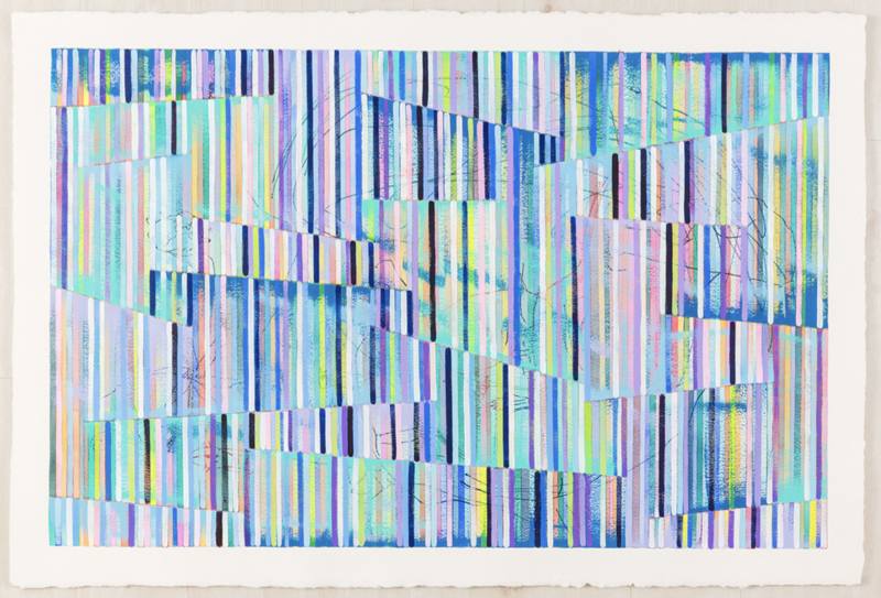 This image showcases an abstract painting by Johanna Boccardo titled "Color Study in Shades of Blue." It measures 40 x 60 inches and features a complex lattice of geometric shapes, primarily in a variety of blue tones. The shapes are composed of multicolored vertical stripes that intersect and overlap, creating a layered effect. The blues range from pastel to deep hues, accented with pops of pink, yellow, and other complementary colors, which add depth and vibrancy to the composition