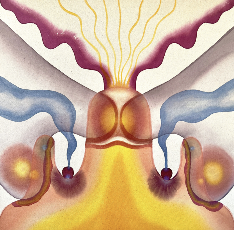 A watercolor painting by Kelly Witmer, titled 'Perfect Storm', measuring 24 x 24 x 1.5 inches, created in 2023. The composition features an abstract, organic form at the center with a radiant yellow-orange glow, suggesting a sun-like shape from which multiple tendrils and lobes extend outward. The tendrils are painted in shades of blue, violet, and yellow, with soft gradients and transparent layering that create a sense of depth and movement. The background consists of undulating waves of muted colors that complement the central structure, adding to the painting's dreamlike, surreal quality