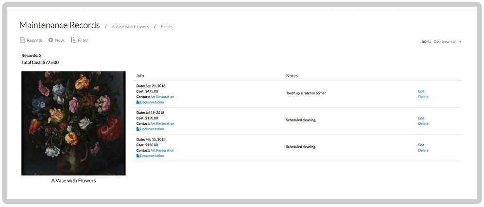 Track maintentance records for your art and easily import your data.